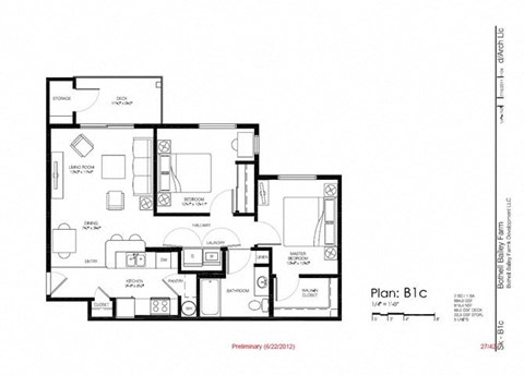 Floor plan for 2 beds, 1 bath, 884 sqft